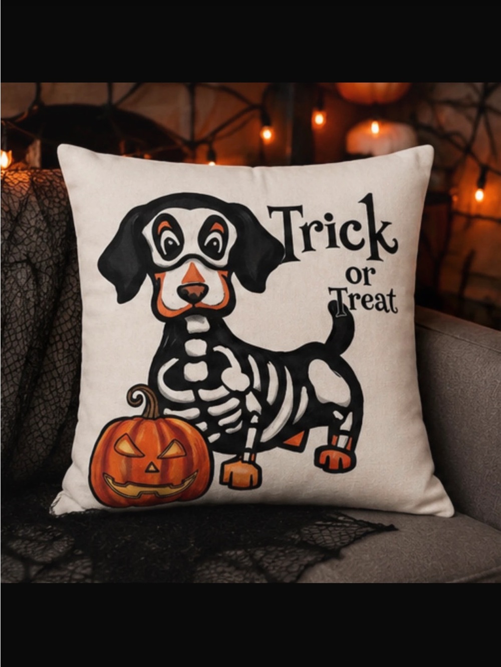 Halloween Dachshund Skeleton Accent trick or treat Pillow COVER - Cream & Black